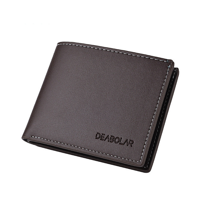 Deabolar brown slim PU leather bifold wallet for men shown closed.